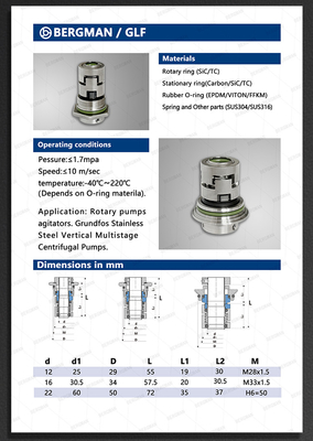 BERGMAN Replace Grundfos GLF-12mm CR CRN CRI Pump Mechanical Seal HQQV HQQE 96455087 96455086